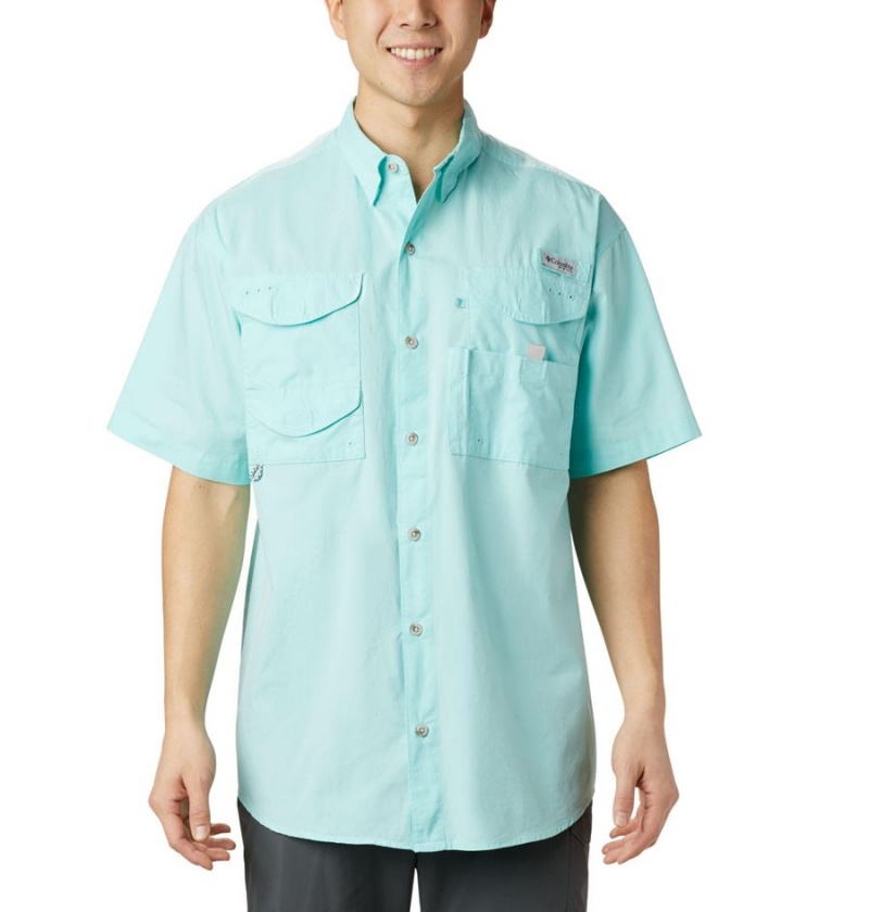 Turquoise Columbia PFG Bonehead Short Sleeve Men\'s Shirt | 76492NRHU