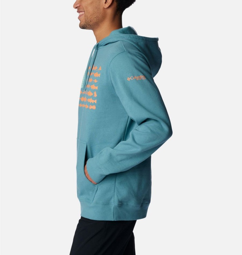 Turquoise Columbia PFG Fish Flag II Men's Hoodie | 83641EOLC