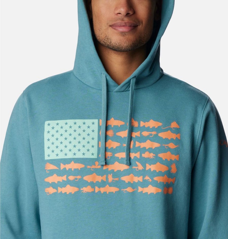 Turquoise Columbia PFG Fish Flag II Men's Hoodie | 83641EOLC