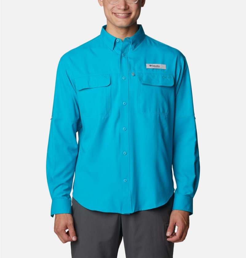 Turquoise Columbia PFG Skiff Guide Woven Long Sleeve Men\'s Shirt | 58136BGVA