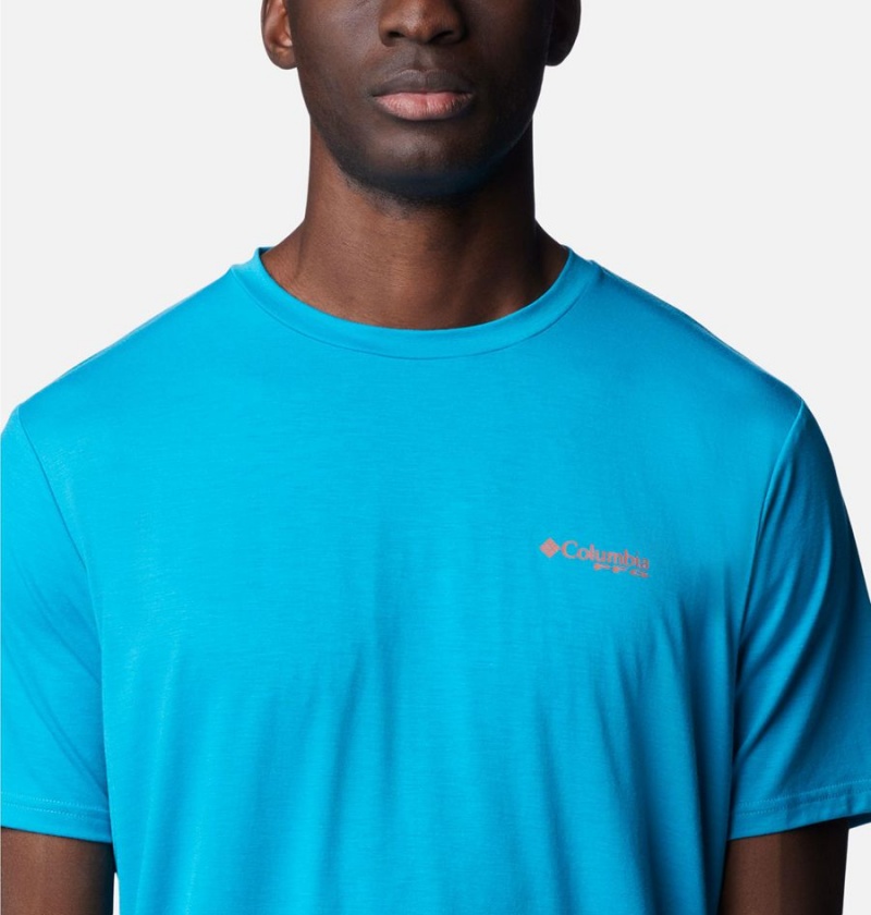 Turquoise Columbia PFG Skiff Horizon Short Sleeve Tech Men's T-Shirt | 13825QUWN