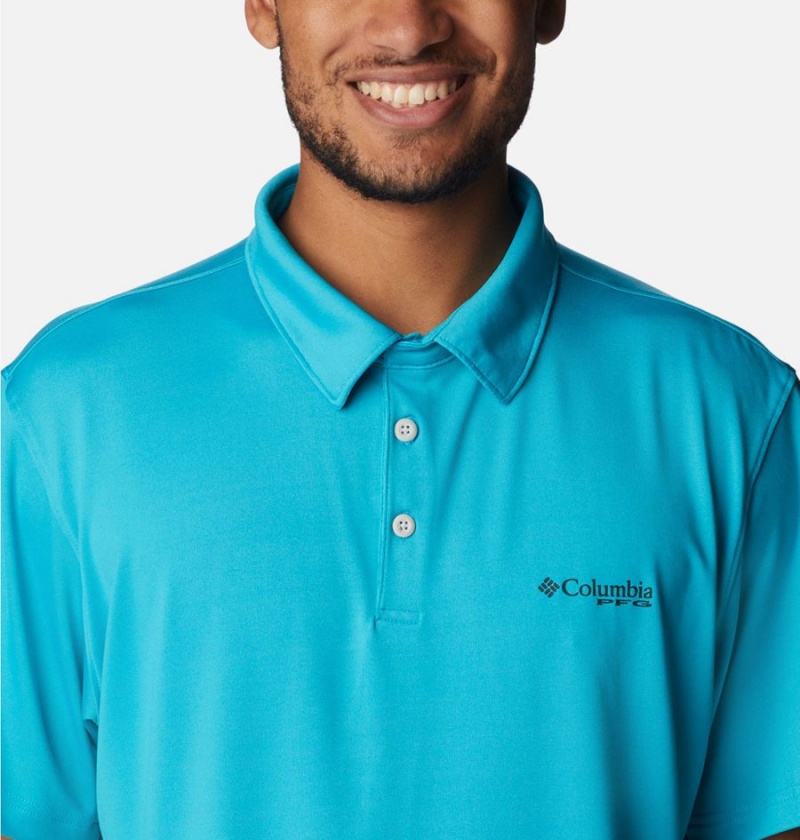 Turquoise Columbia PFG Slack Tide Stretch Men's Polo Shirt | 69841PAGR