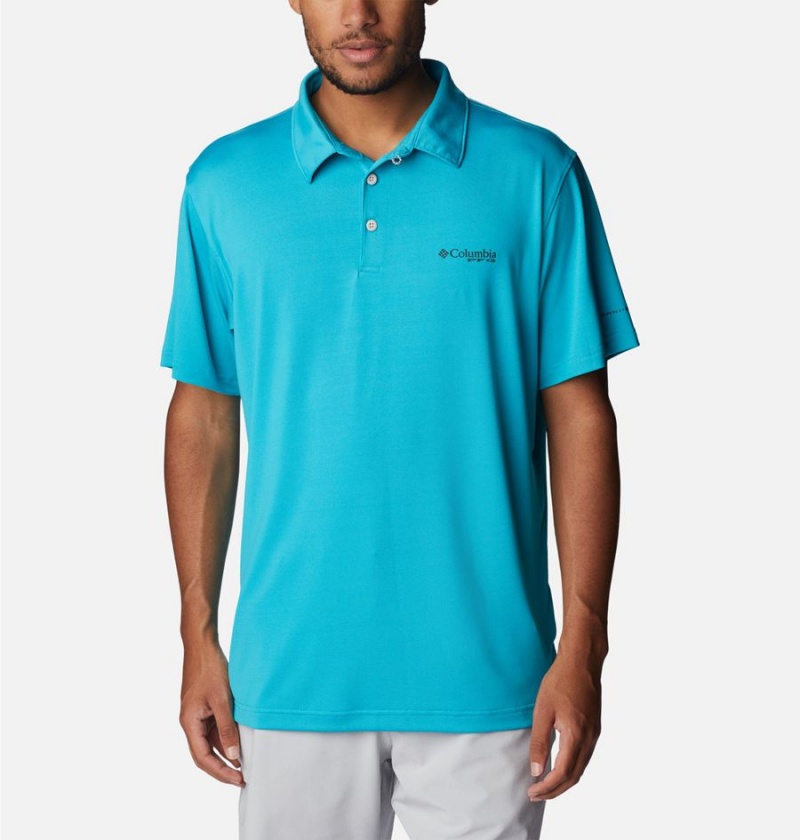 Turquoise Columbia PFG Slack Tide Stretch Men\'s Polo Shirt | 69841PAGR