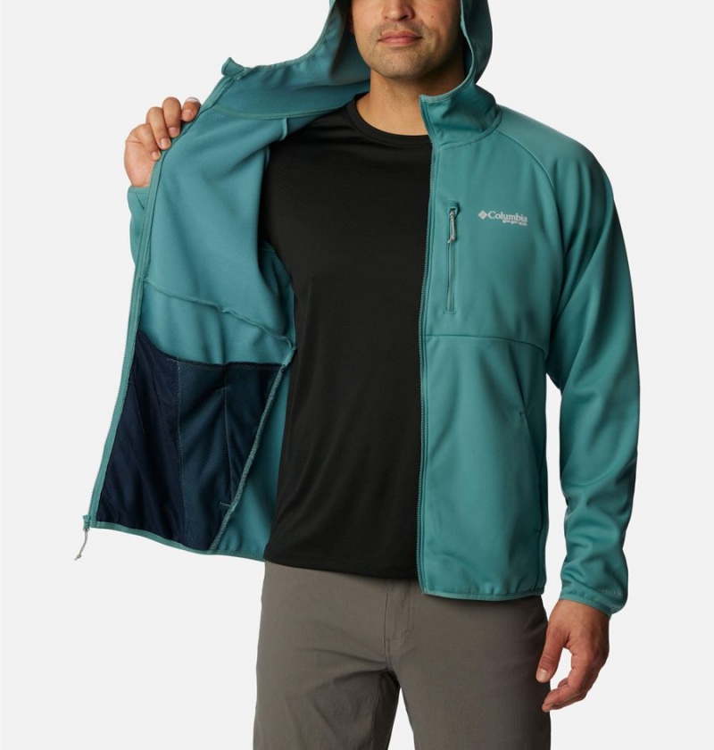 Turquoise Columbia PFG Terminal Stretch Hooded Men's Softshell Jackets | 50683ZFAV