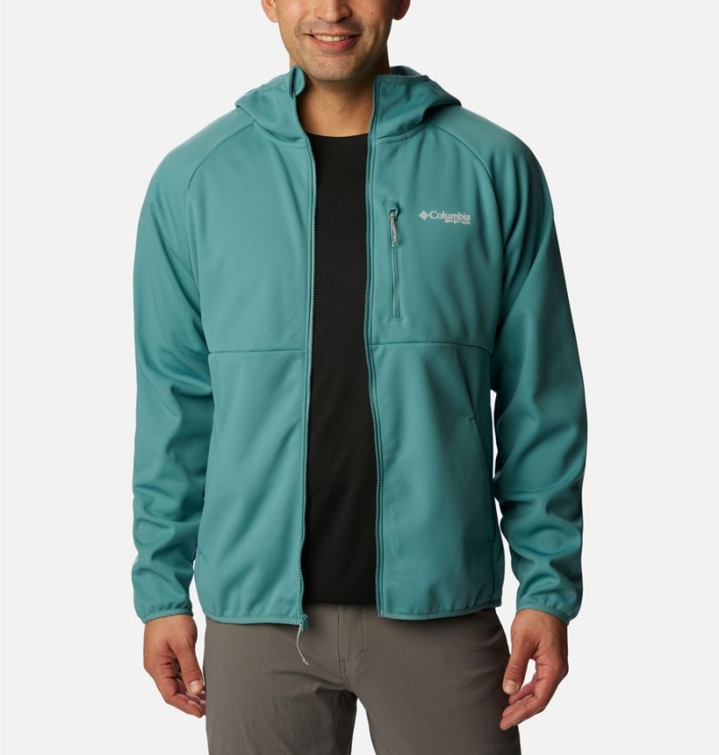 Turquoise Columbia PFG Terminal Stretch Hooded Men's Softshell Jackets | 50683ZFAV