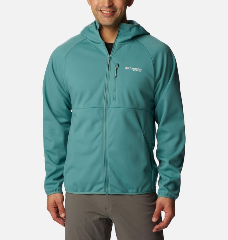 Turquoise Columbia PFG Terminal Stretch Hooded Men\'s Softshell Jackets | 50683ZFAV