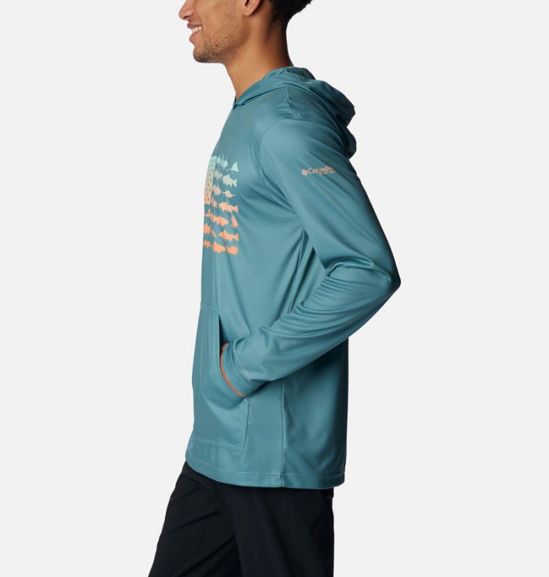 Turquoise Columbia PFG Terminal Tackle Fish Flag Men's Hoodie | 56279OBJK