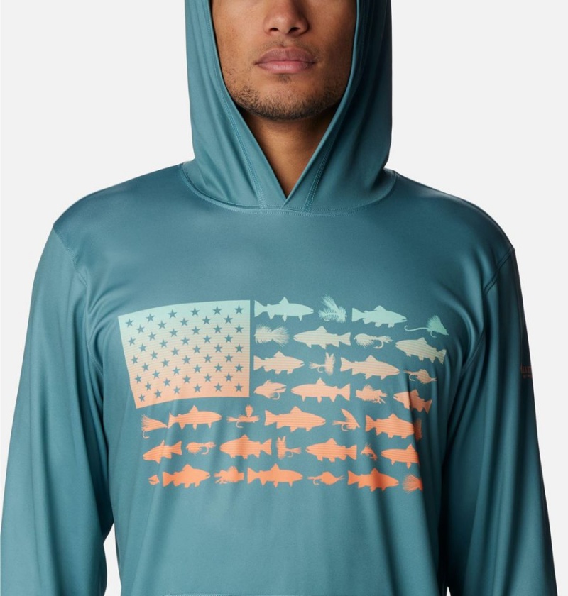 Turquoise Columbia PFG Terminal Tackle Fish Flag Men's Hoodie | 56279OBJK