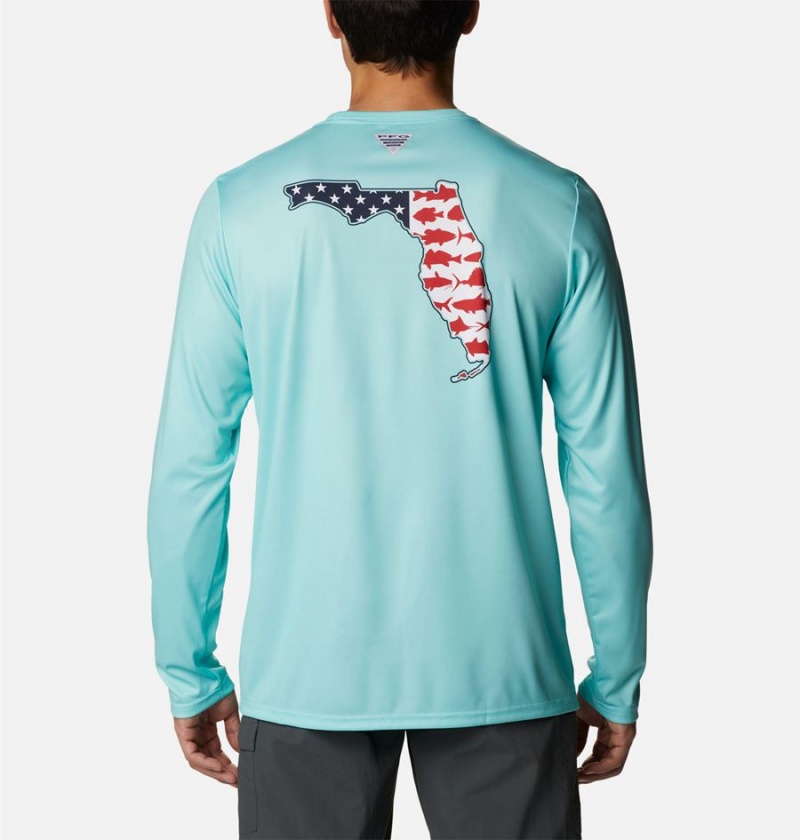 Turquoise Columbia PFG Terminal Tackle Statetriot Long Sleeve Men's T-Shirt | 65491HQRJ