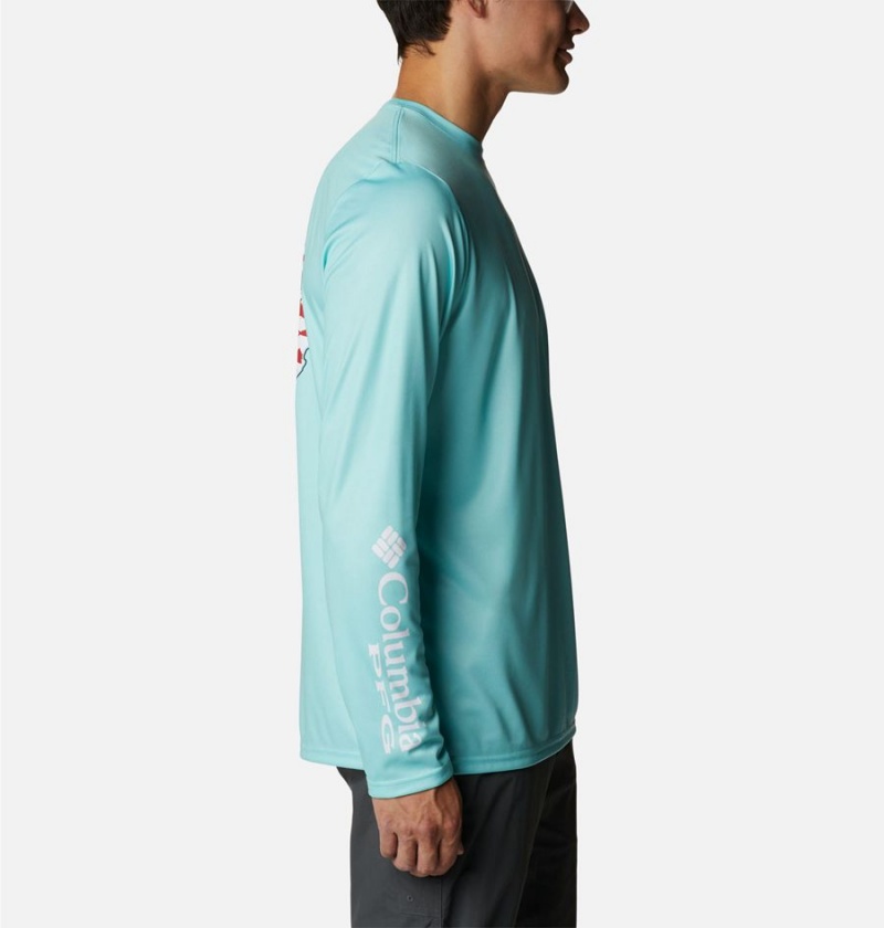 Turquoise Columbia PFG Terminal Tackle Statetriot Long Sleeve Men's T-Shirt | 65491HQRJ