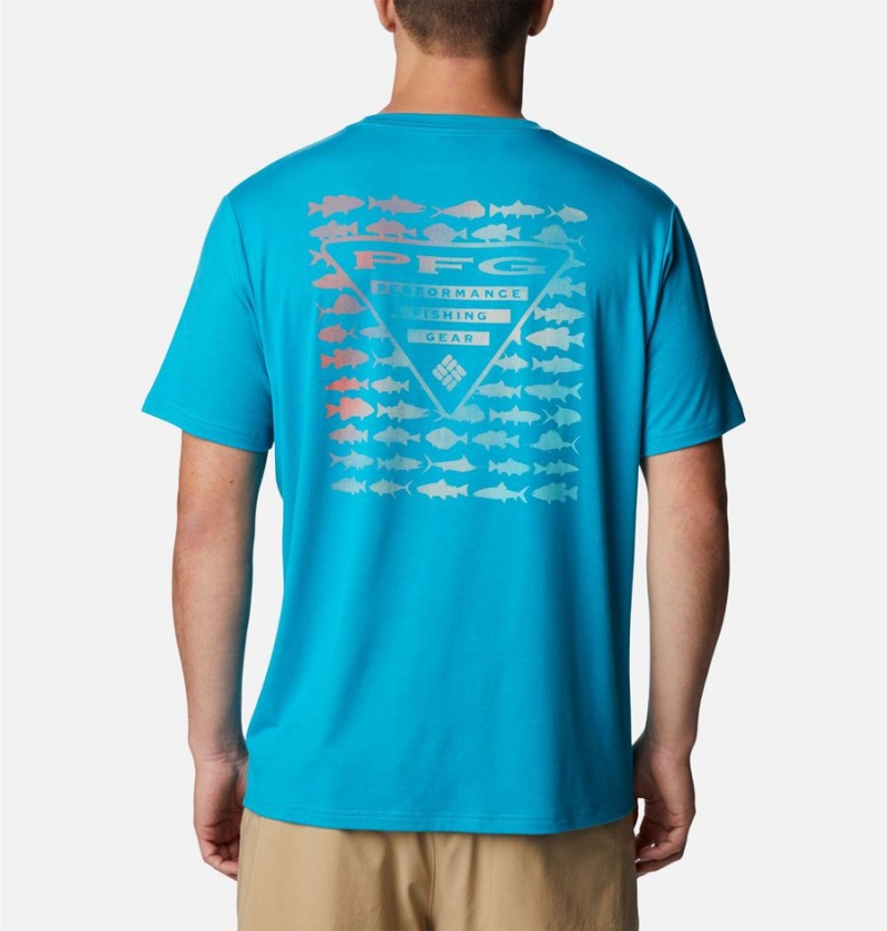 Turquoise Columbia PFG Triangle Fill Tech Men's T-Shirt | 53781AWFZ