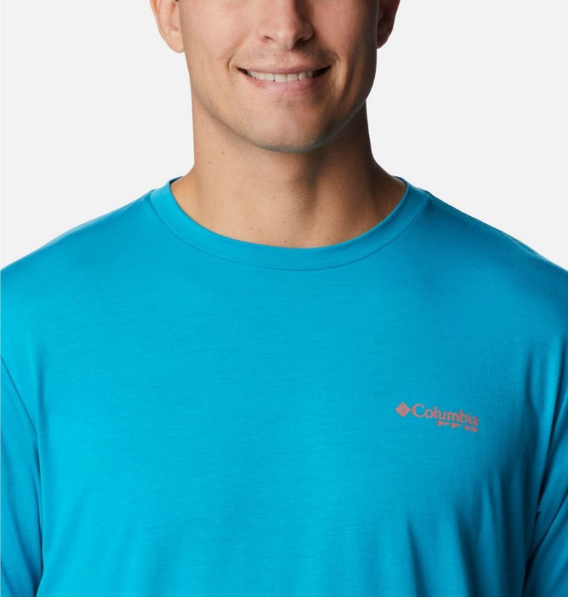 Turquoise Columbia PFG Triangle Fill Tech Men's T-Shirt | 53781AWFZ