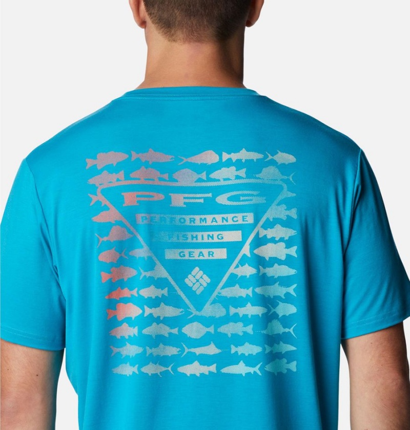 Turquoise Columbia PFG Triangle Fill Tech Men's T-Shirt | 53781AWFZ