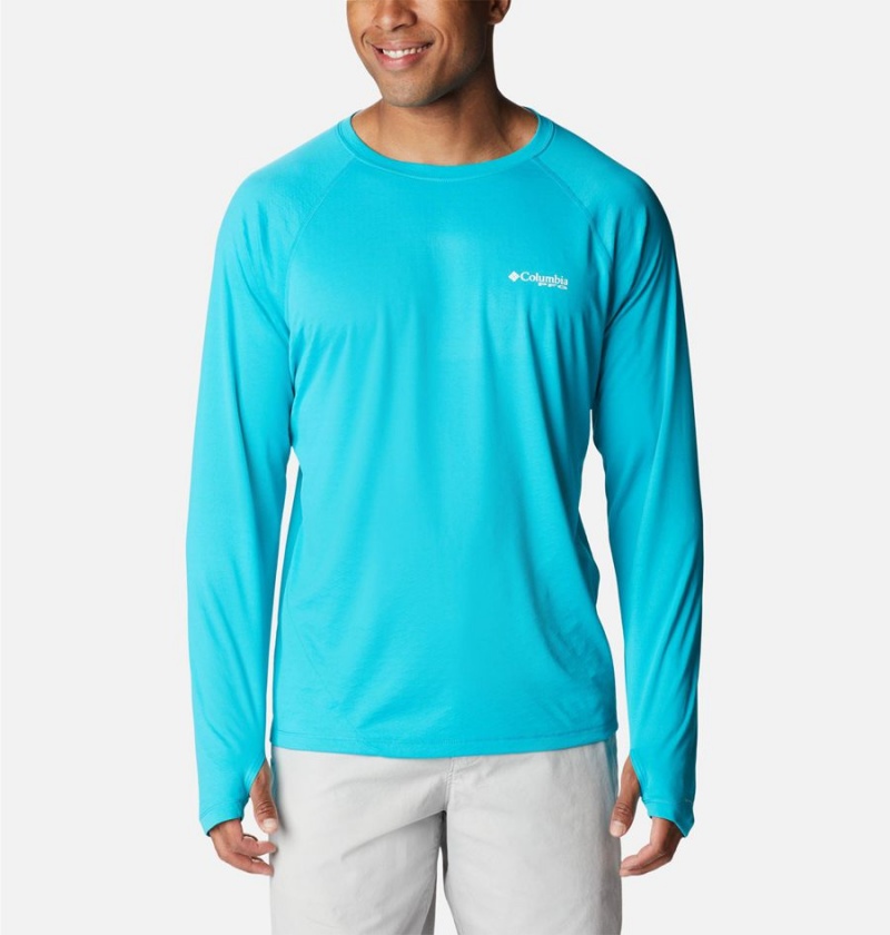 Turquoise Columbia PFG Zero Rules Ice Long Sleeve Men\'s T-Shirt | 85760SVPR