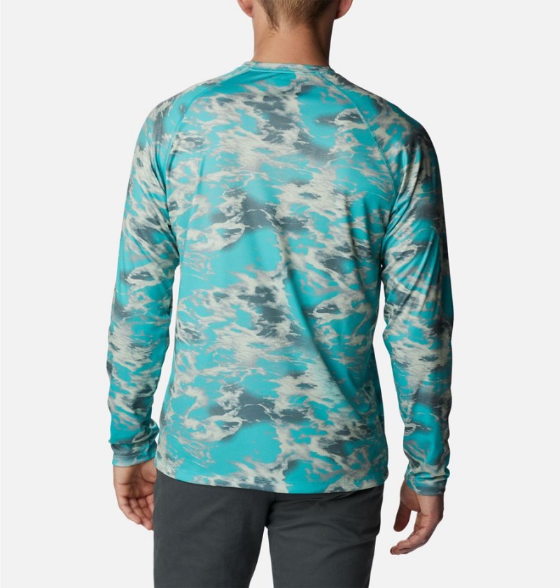 Turquoise Columbia Summerdry Printed Long Sleeve Men's T-Shirt | 69548NWUD