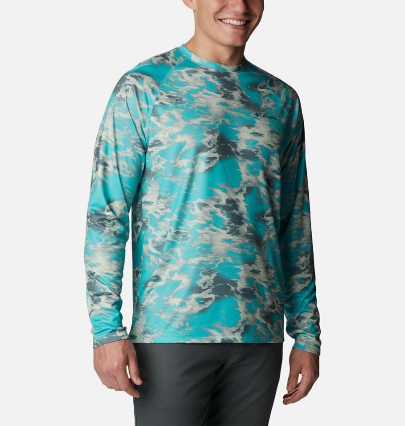 Turquoise Columbia Summerdry Printed Long Sleeve Men's T-Shirt | 69548NWUD