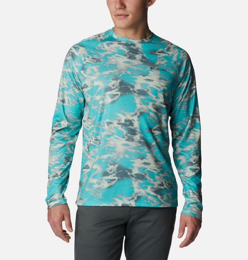 Turquoise Columbia Summerdry Printed Long Sleeve Men\'s T-Shirt | 69548NWUD