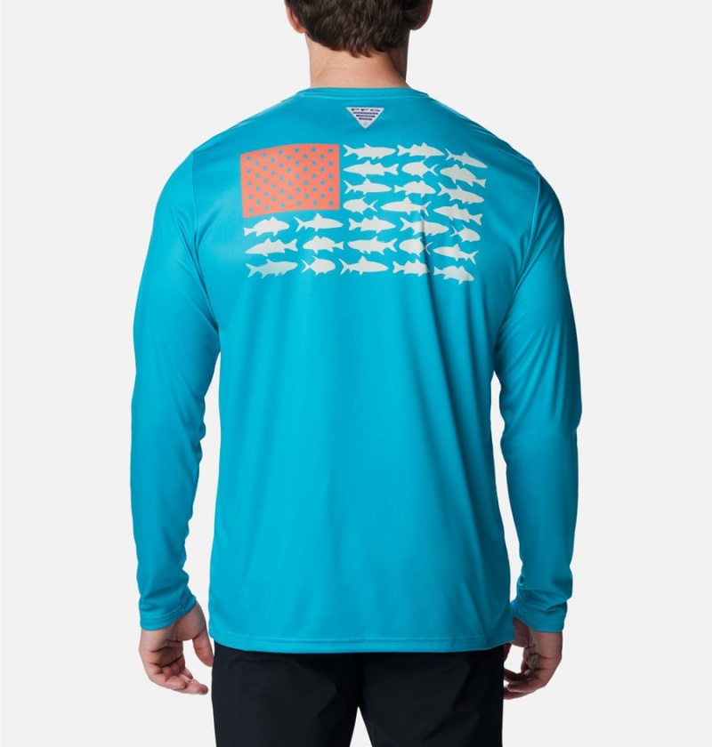 Turquoise Columbia Terminal Tackle PFG Fish Flag Long Sleeve Men's T-Shirt | 62153LDKY