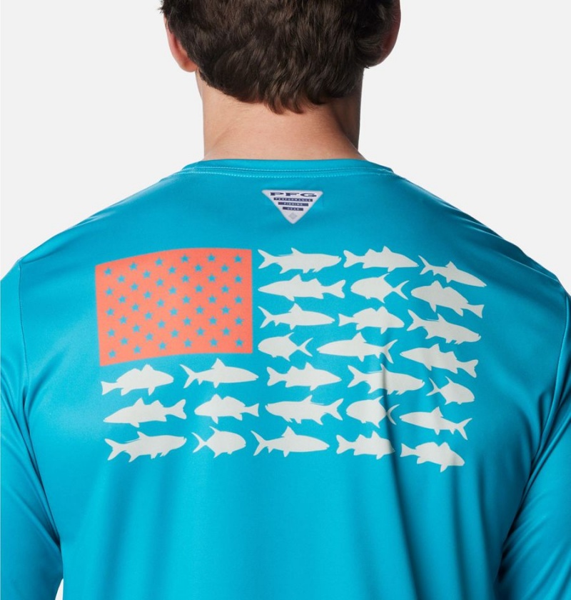 Turquoise Columbia Terminal Tackle PFG Fish Flag Long Sleeve Men's T-Shirt | 62153LDKY