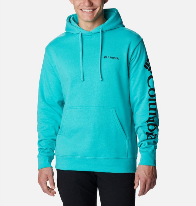 Turquoise Columbia Viewmont II Sleeve Graphic Men\'s Hoodie | 68705UKLO