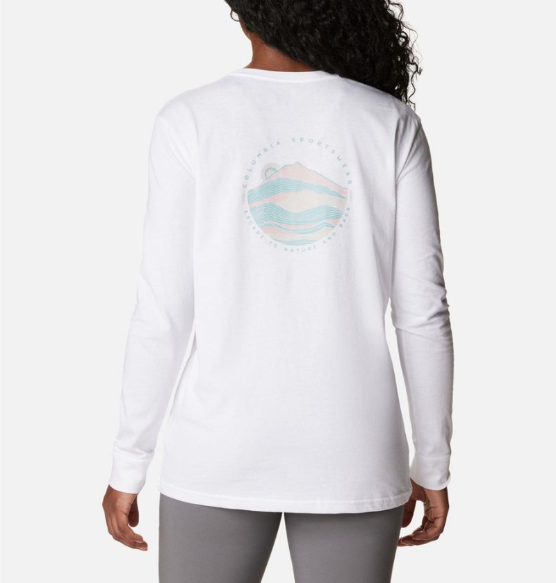 White Columbia North Cascades Back Graphic Long Sleeve Women\'s T-Shirt | 31672DSGP