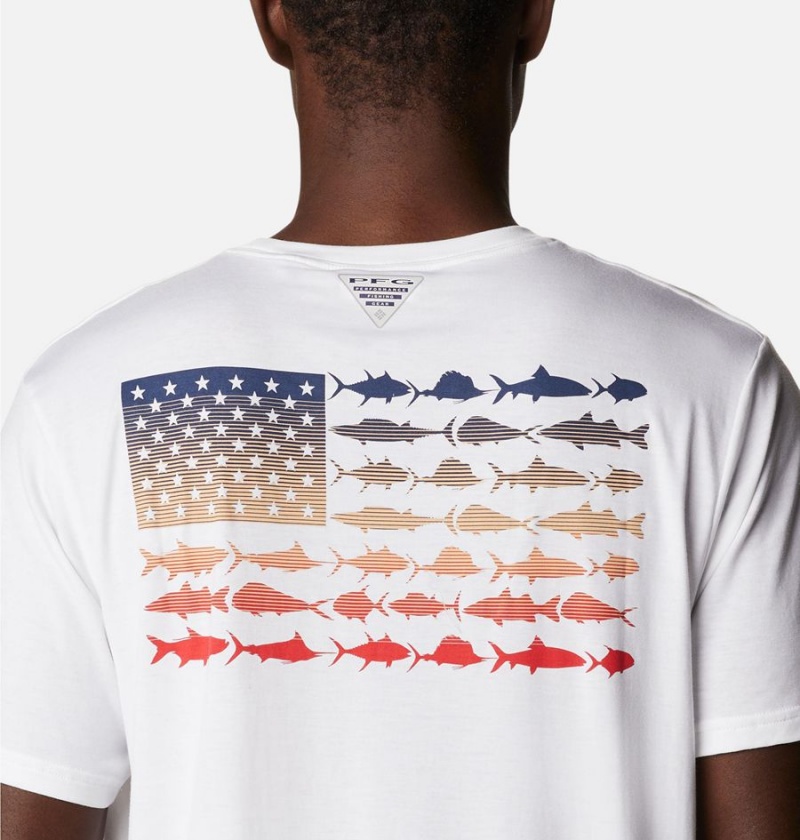 White Columbia PFG Fish Flag Tech Short Sleeve Men's T-Shirt | 28430YPZJ